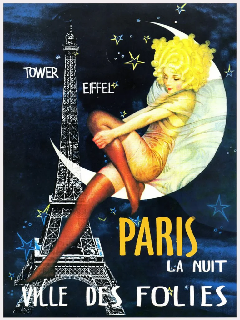 Vintage Paris Nuit Ville Folies — vintage Art Deco illustration featuring a blonde woman on a crescent
