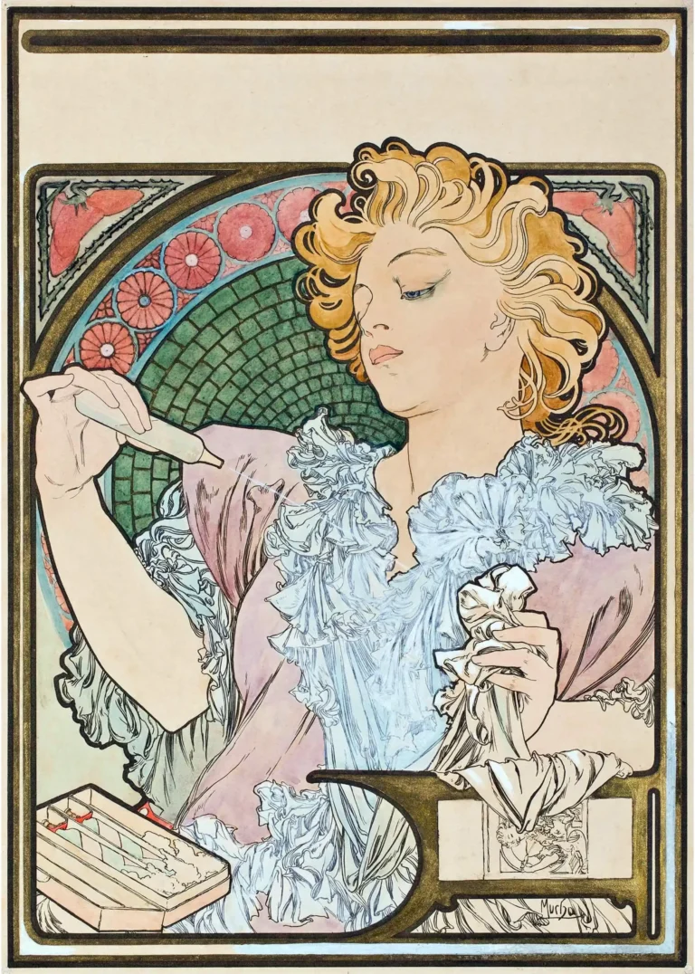 Alphonse Mucha Lance Parfum — alphonse Mucha’s 1896 advertisement features an elegant woman applying
