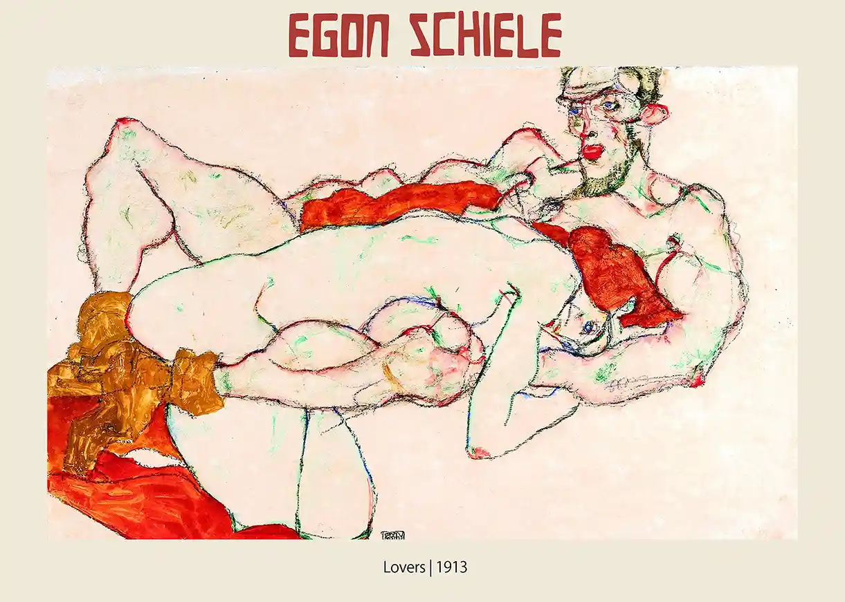 Egon Schiele, Lovers (1913) Poster – Expressionist Nude Drawing Art Print