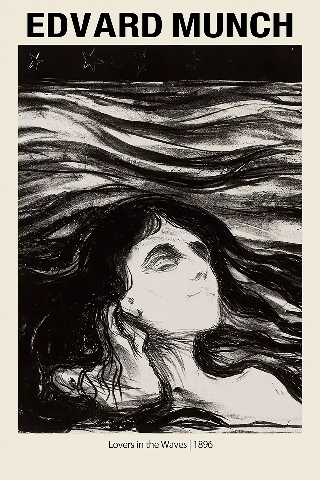 Edvard Munch's Lovers in the Waves (1896) Poster - Black & White Expressionist Art Print