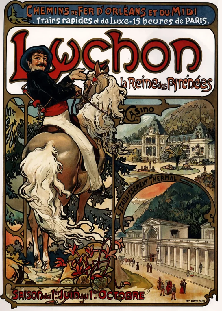 Luchon Reine Pyrenees 1895 — 1895 Art Nouveau print featuring a horseman, the grand casino, and