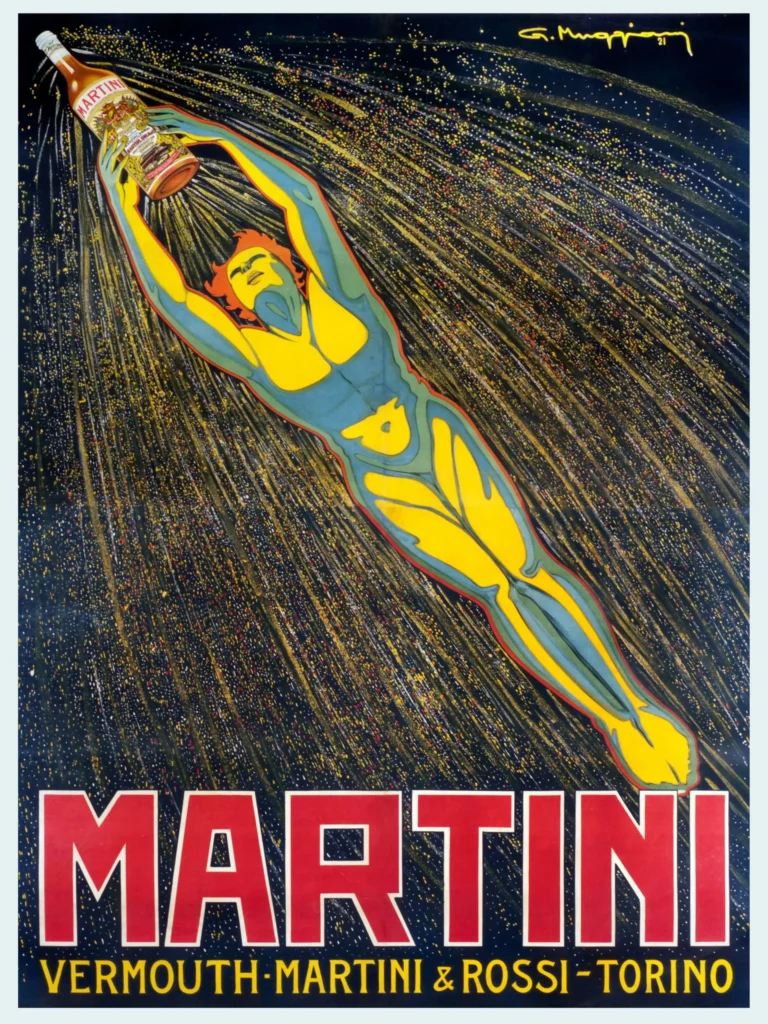 Martini Vermouth Advertising Vintage — vibrant 1921 Italian advertisement featuring a celestial figure soaring