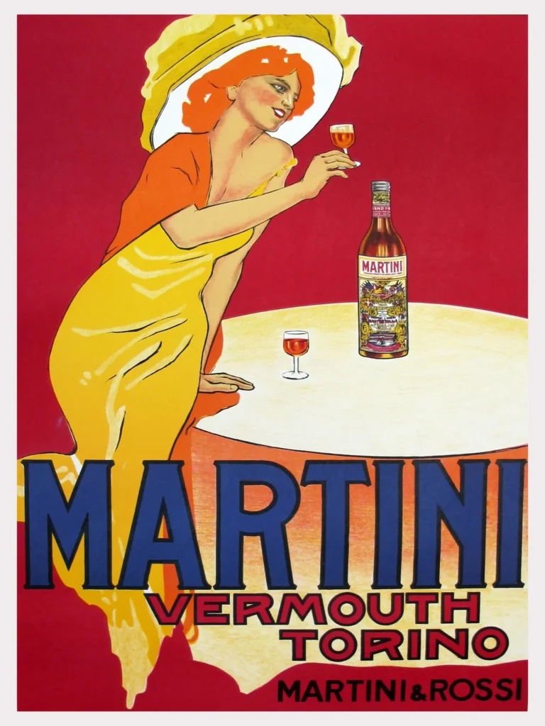Martini Rossi Vermouth Torino Vintage — vintage Italian advertisement featuring a woman in a yellow gown and