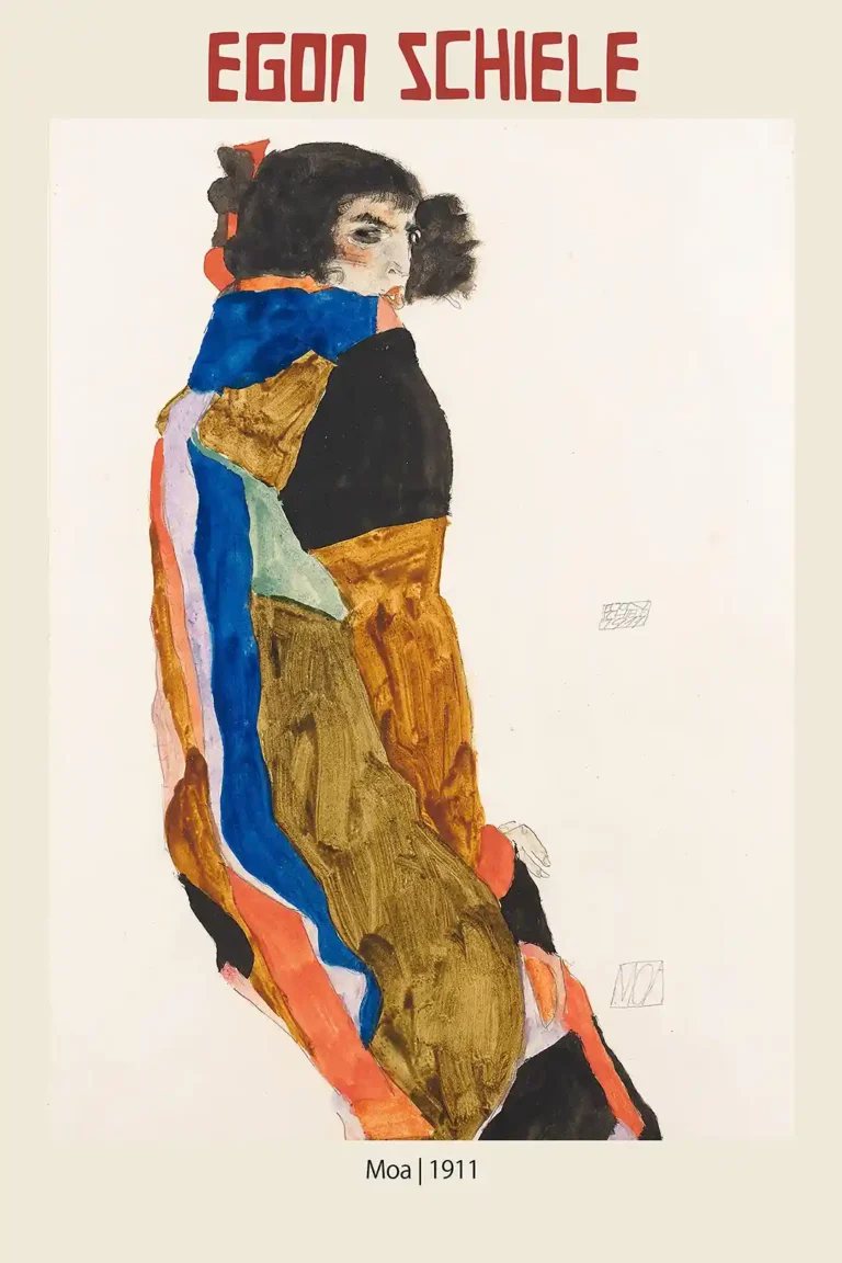 Egon Schiele Moa 1911 — this 1911 expressionist portrait features Moa Mandu in a vibrant