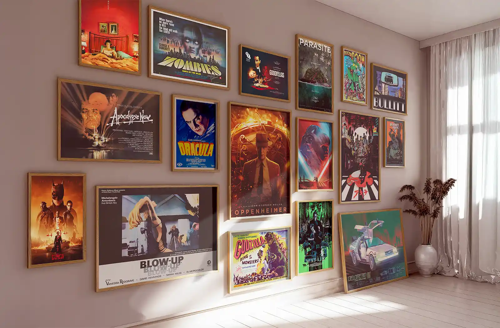 Movie posters collection including sci-fi, horror, and cult classics