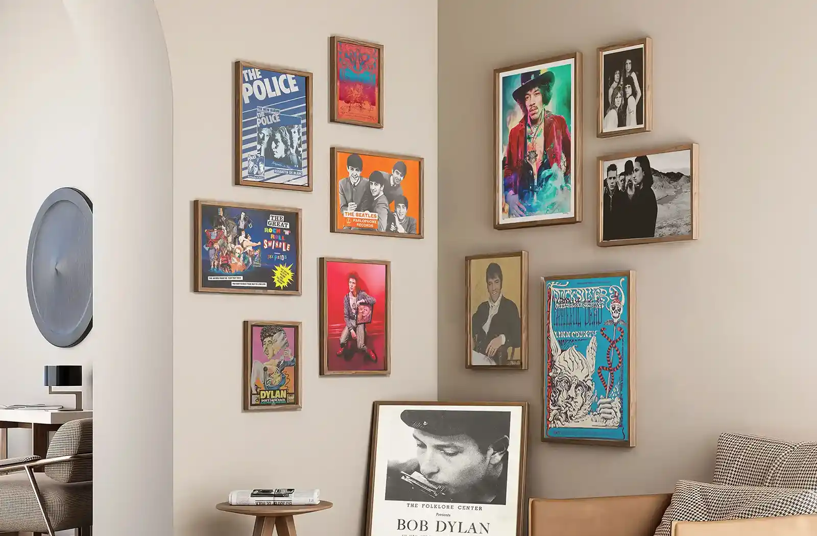 Music posters featuring band art, album covers, and concert prints