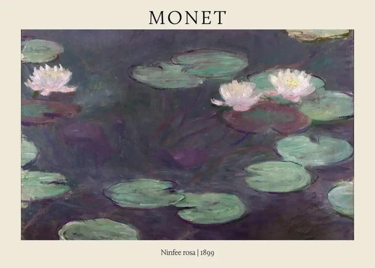 Claude Monet Ninfee Rosa — serene 1899 impressionist study of pink water lilies floating on deep