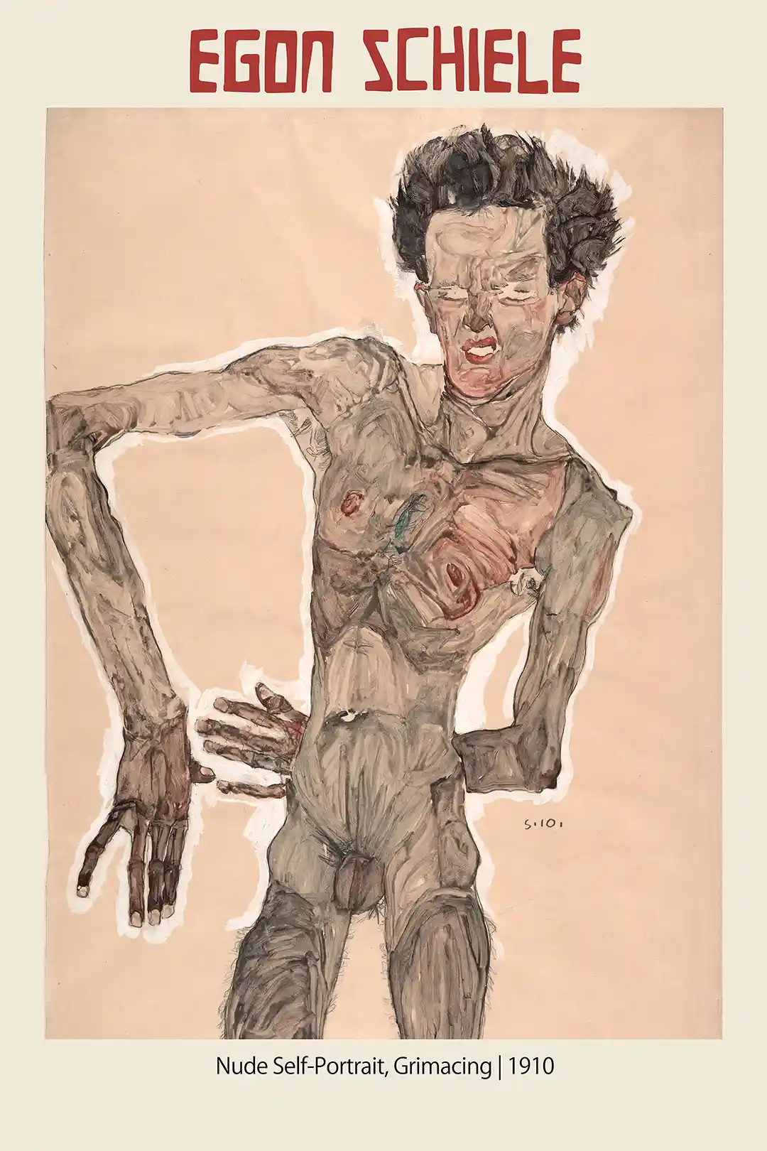 Egon Schiele "Nude Self-Portrait, Grimacing" (1910) Expressionist Art Print