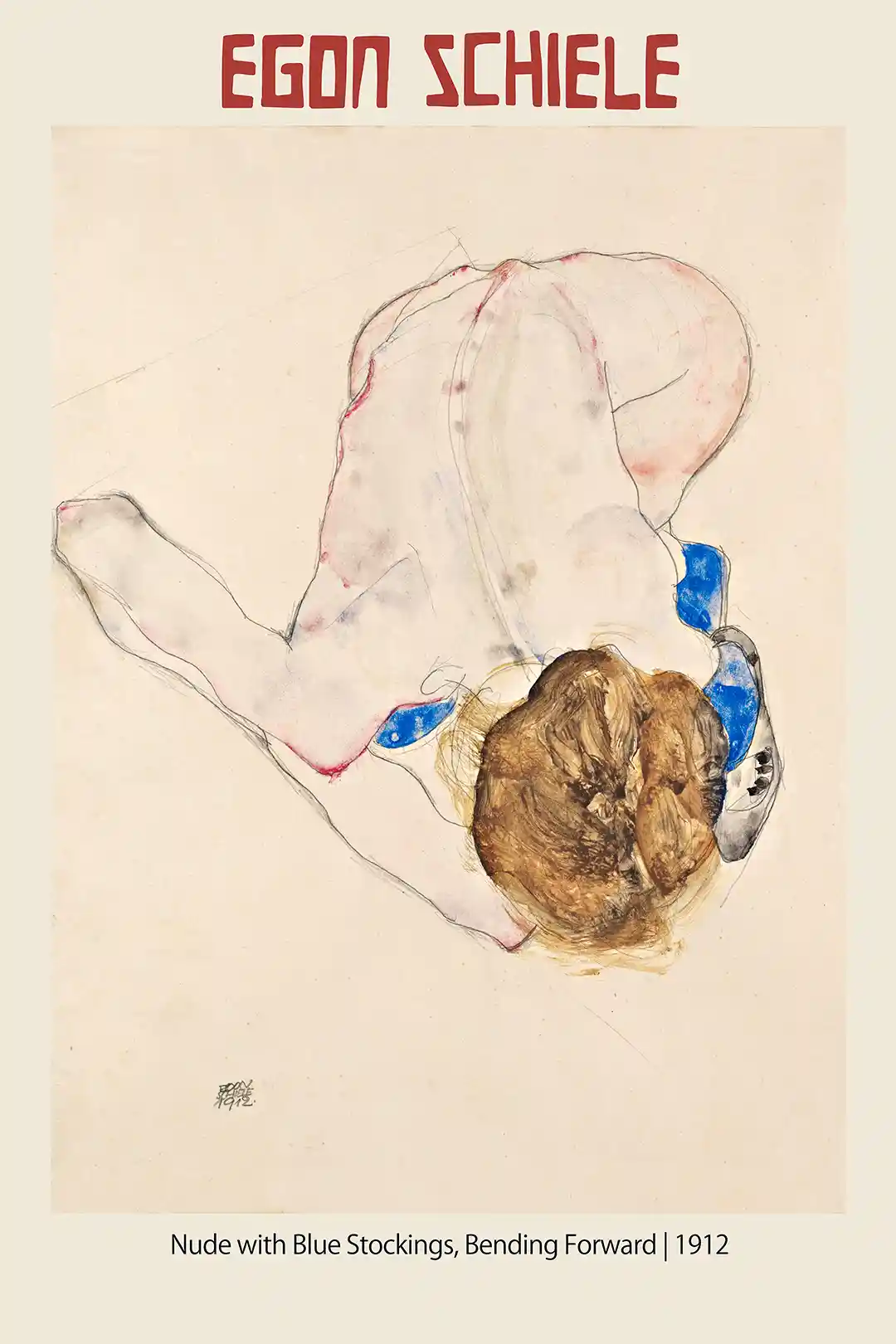 Egon Schiele Poster: Nude with Blue Stockings, Bending Forward (1912)
