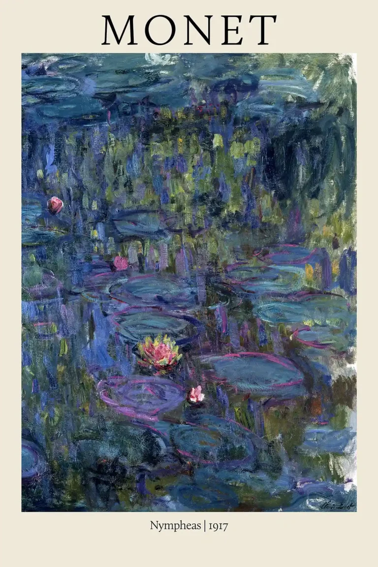 Claude Monet Water Lilies — ethereal Impressionist scene of pink water lilies floating on deep