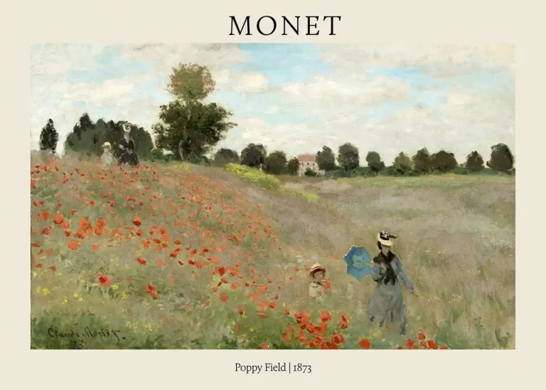 Claude Monet Poppy Field — sun-drenched Argenteuil meadow filled with vibrant red poppies and