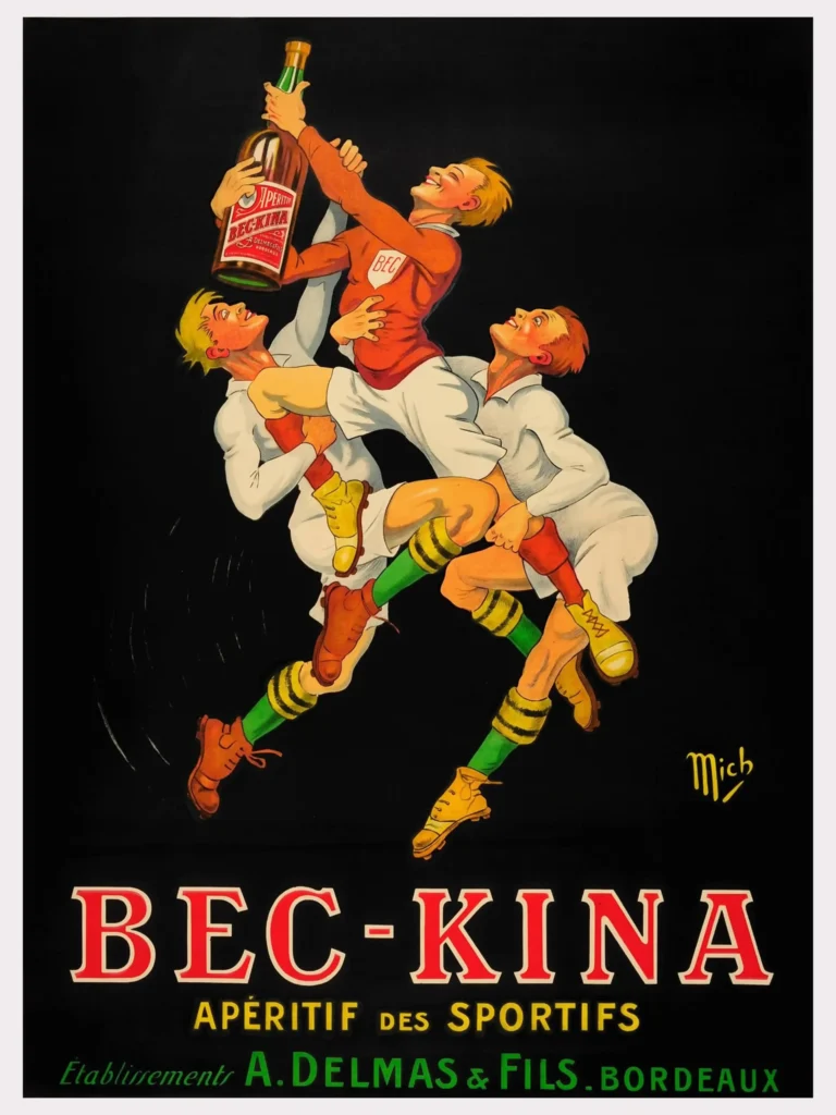 Bec Kina Aperitif Sportifs — this vintage advertising print features a dynamic rugby-style scrum of