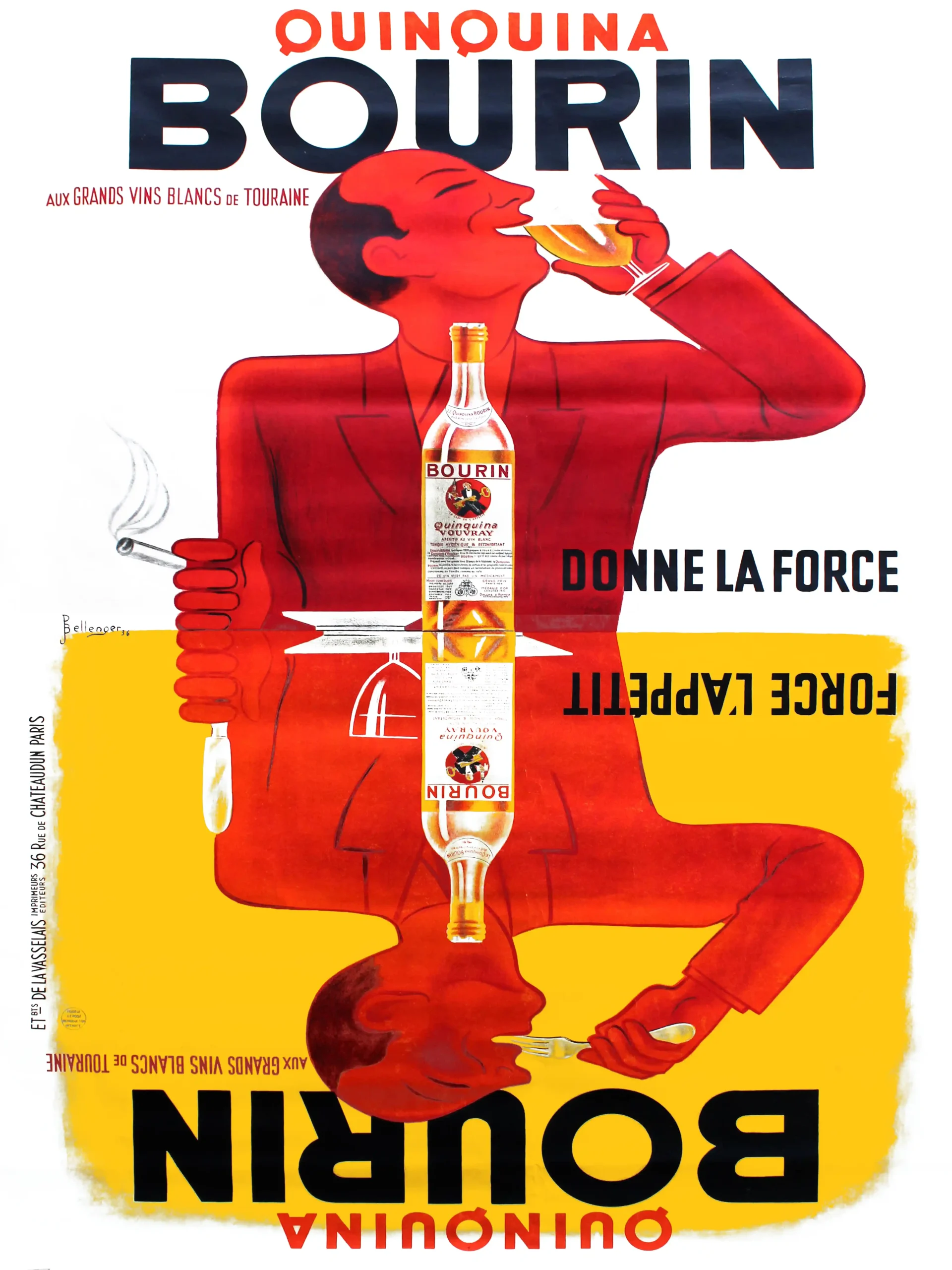 Vintage Quinquina Bourin Aperitif Poster (1936) - Bold Red and Yellow French Art Deco Advertising