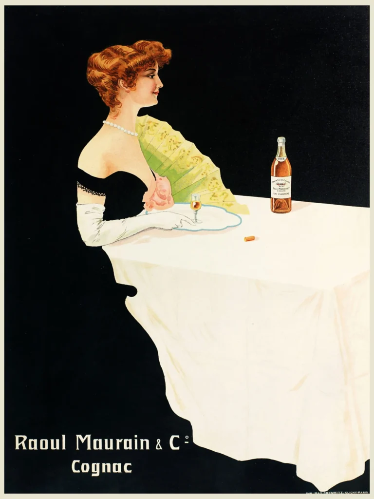 Raoul Maurain Cognac Vintage — belle Époque lady in a black gown enjoys a glass of French brandy in
