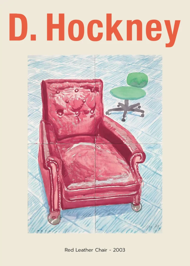 Hockney Leather Chair — this David Hockney exhibition print features a vibrant red leather