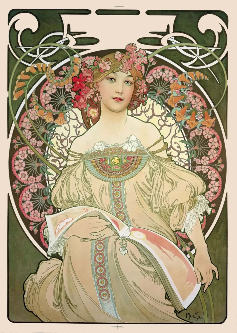 Alphonse Mucha Reverie 1897 — serene portrait of a woman with flowers in her hair, framed by
