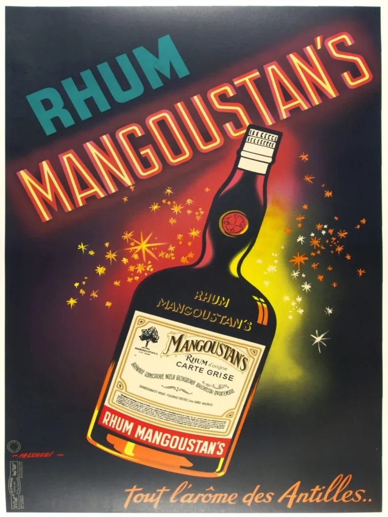Rhum Mangoustans Caribbean Rum Advertising — vibrant 1940s French advertisement featuring a dark Rhum Mangoustans
