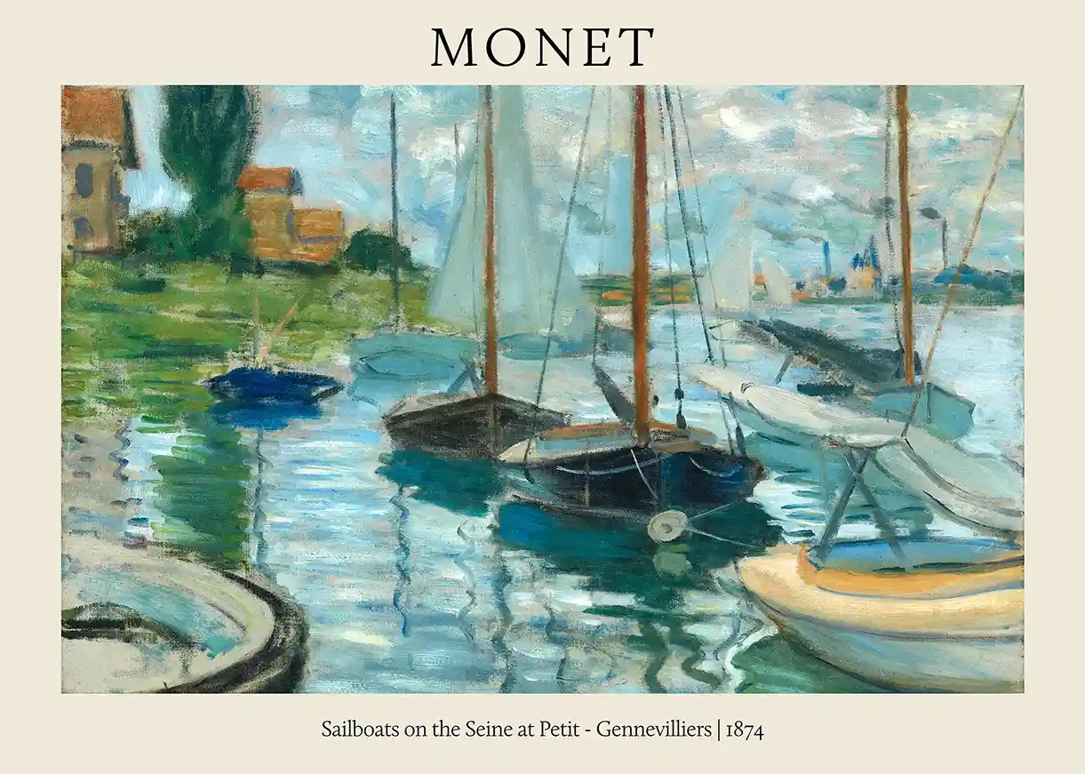 Monet's Sailboats on the Seine at Petit Gennevilliers (1874) Impressionist Art Poster