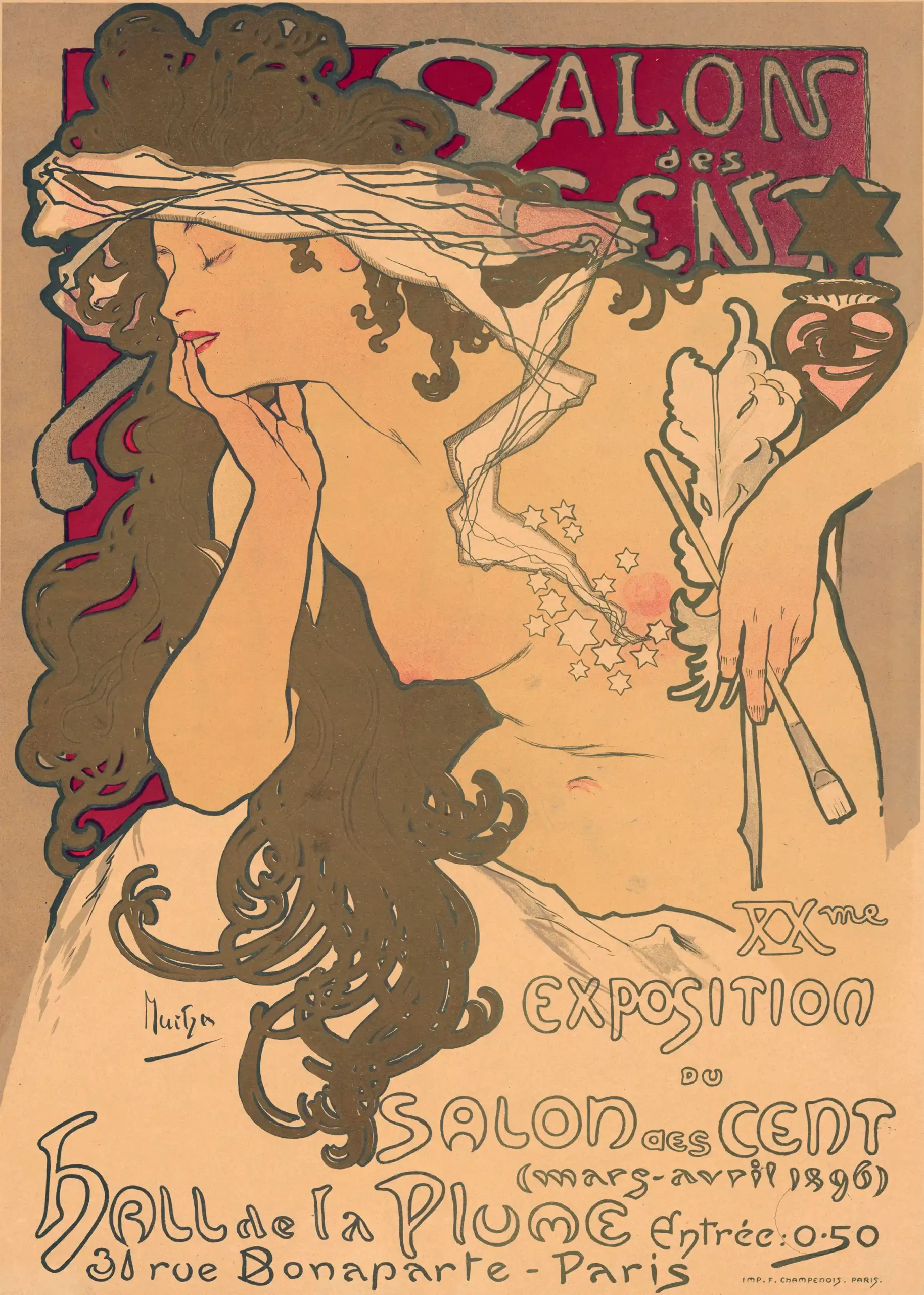 Alphonse Mucha Poster - Salon des Cent (La Plume, 1896) Art Nouveau Exhibition Print