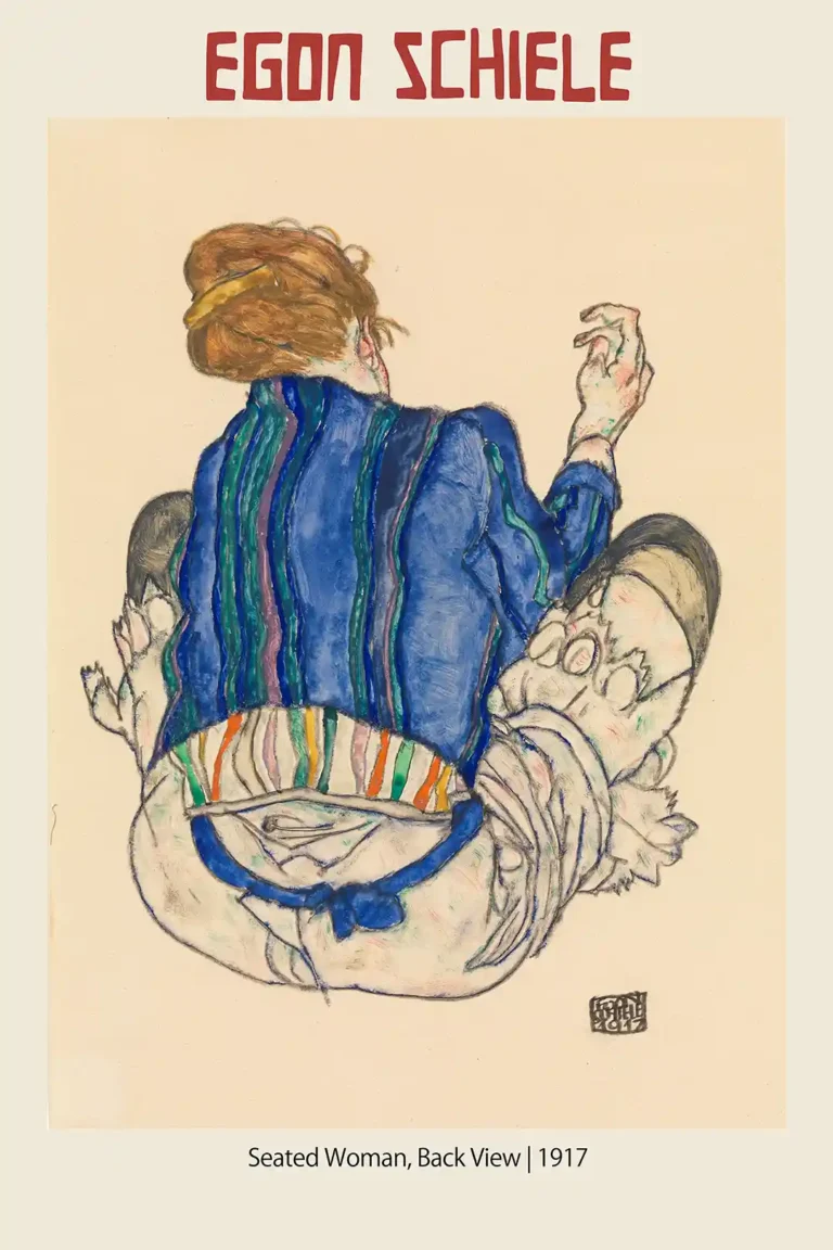 Egon Schiele Seated Woman — seated woman viewed from behind, featuring Schiele's signature jagged