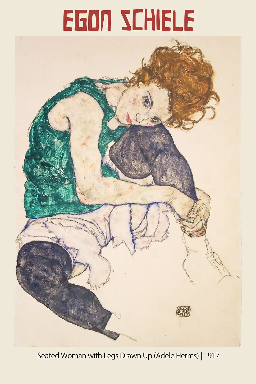 Egon Schiele Poster - Seated Woman with Legs Drawn Up (Adele Herms) 1917 Expressionist Art Print