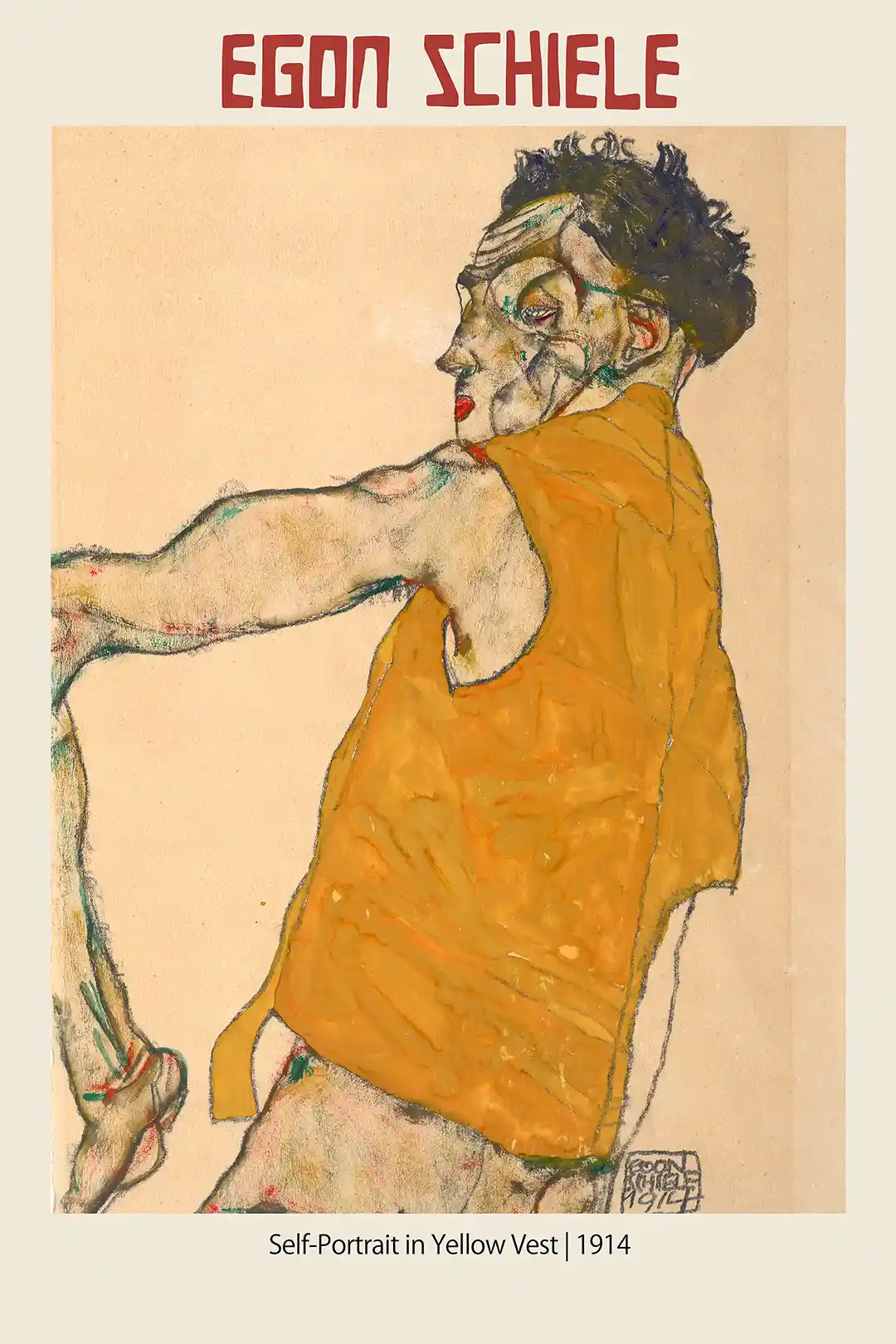 Egon Schiele Self-Portrait in Yellow Vest (1914) Expressionist Art Poster
