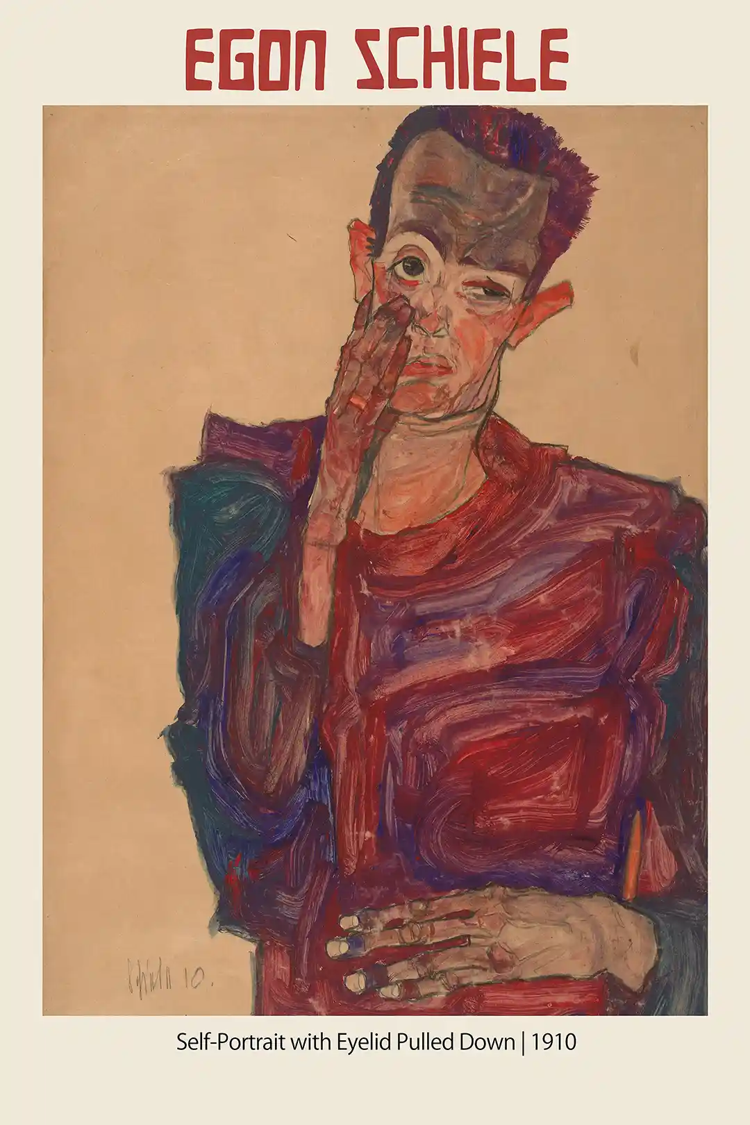 Egon Schiele's Expressionist "Self-Portrait with Eyelid Pulled Down" (1910) Art Poster
