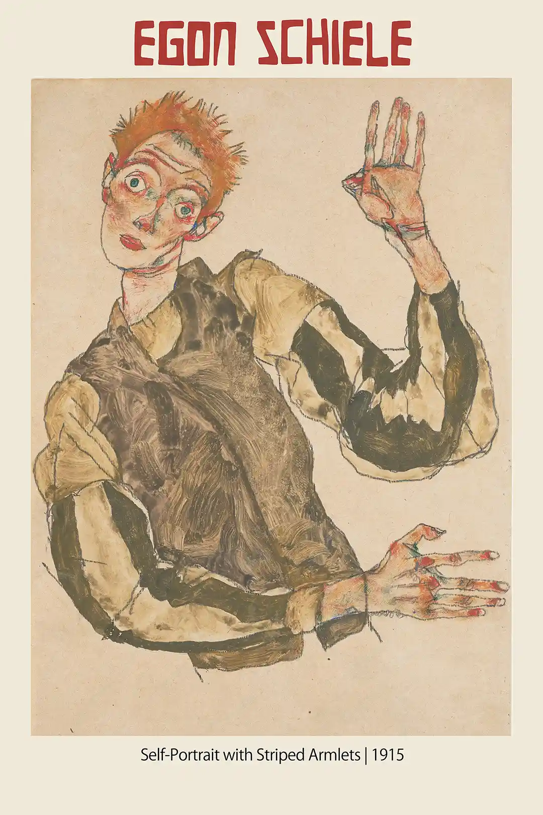 Egon Schiele Self-Portrait with Striped Armlets (1915) Expressionist Poster Print