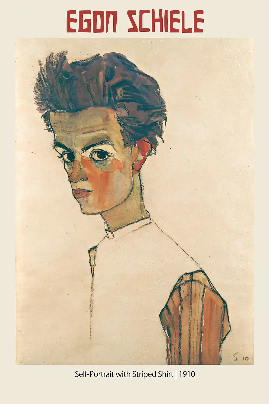 Egon Schiele: Self-Portrait with Striped Shirt (1910) - Iconic Expressionism Art Print
