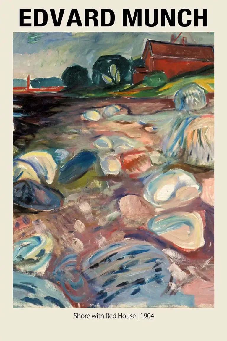 Edvard Munch Shore Red — expressionist landscape featuring a rocky shoreline with a prominent