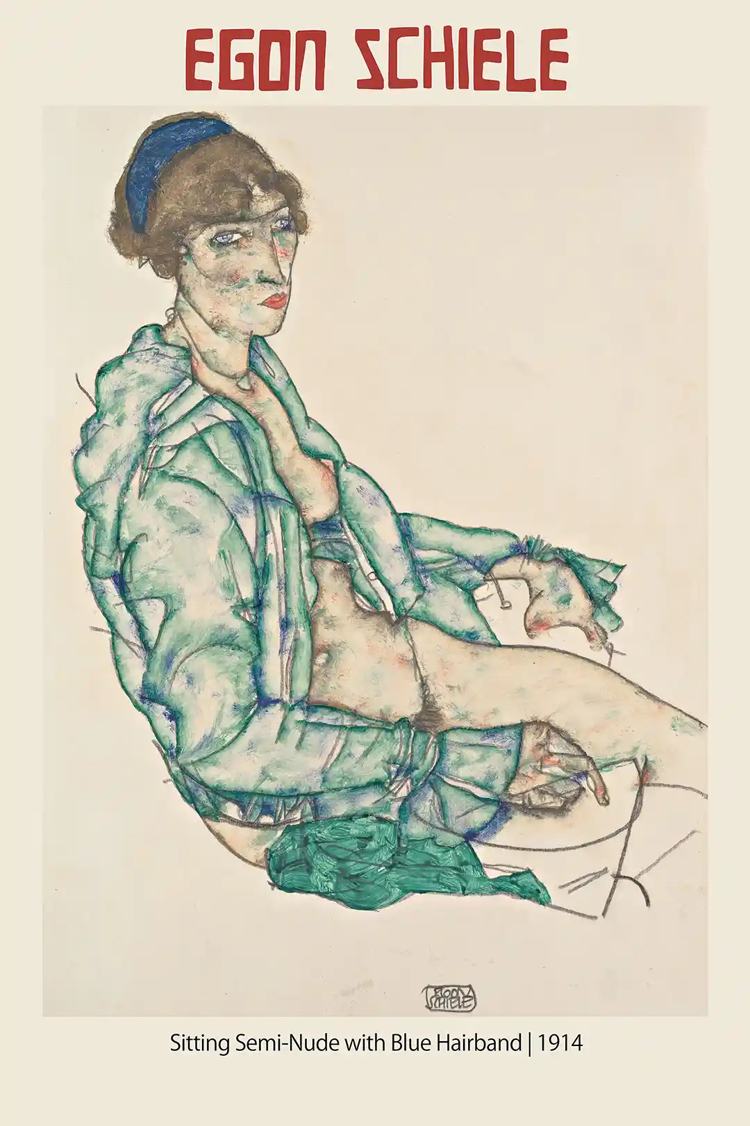 Egon Schiele "Sitting Semi-Nude with Blue Hairband" 1914 Expressionist Art Poster