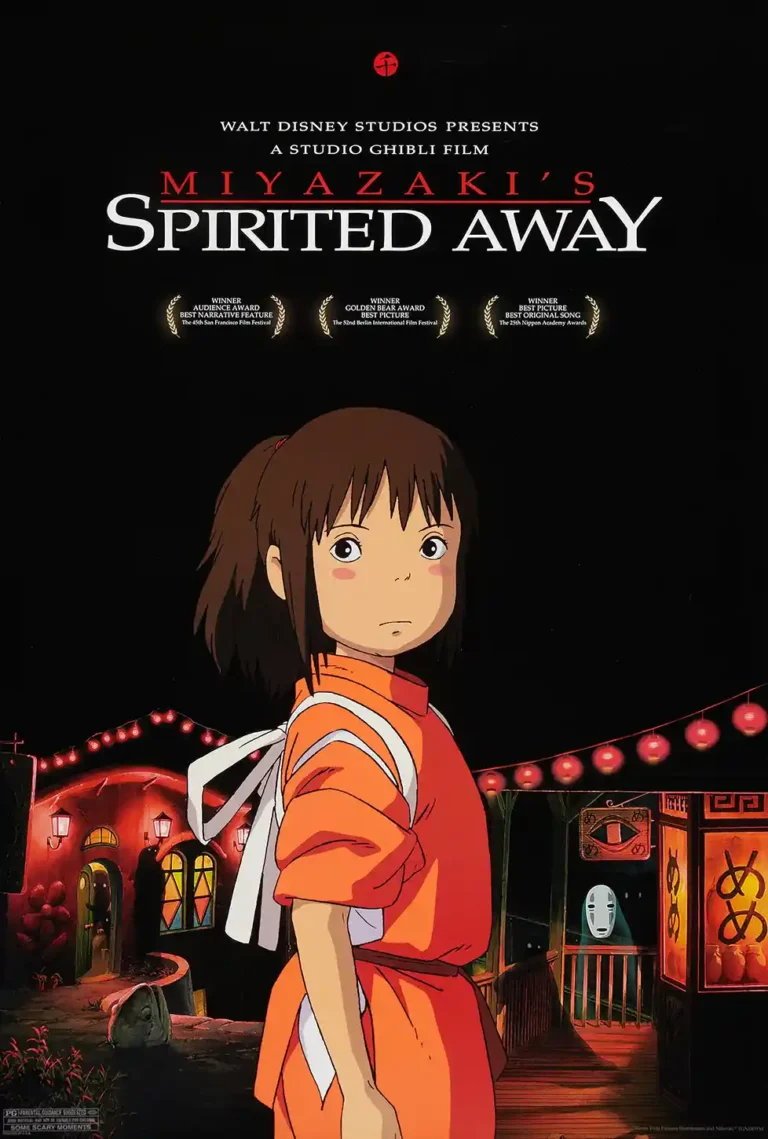 Spirited Away Chihiro No-face — this theatrical illustration features Chihiro in her orange tunic