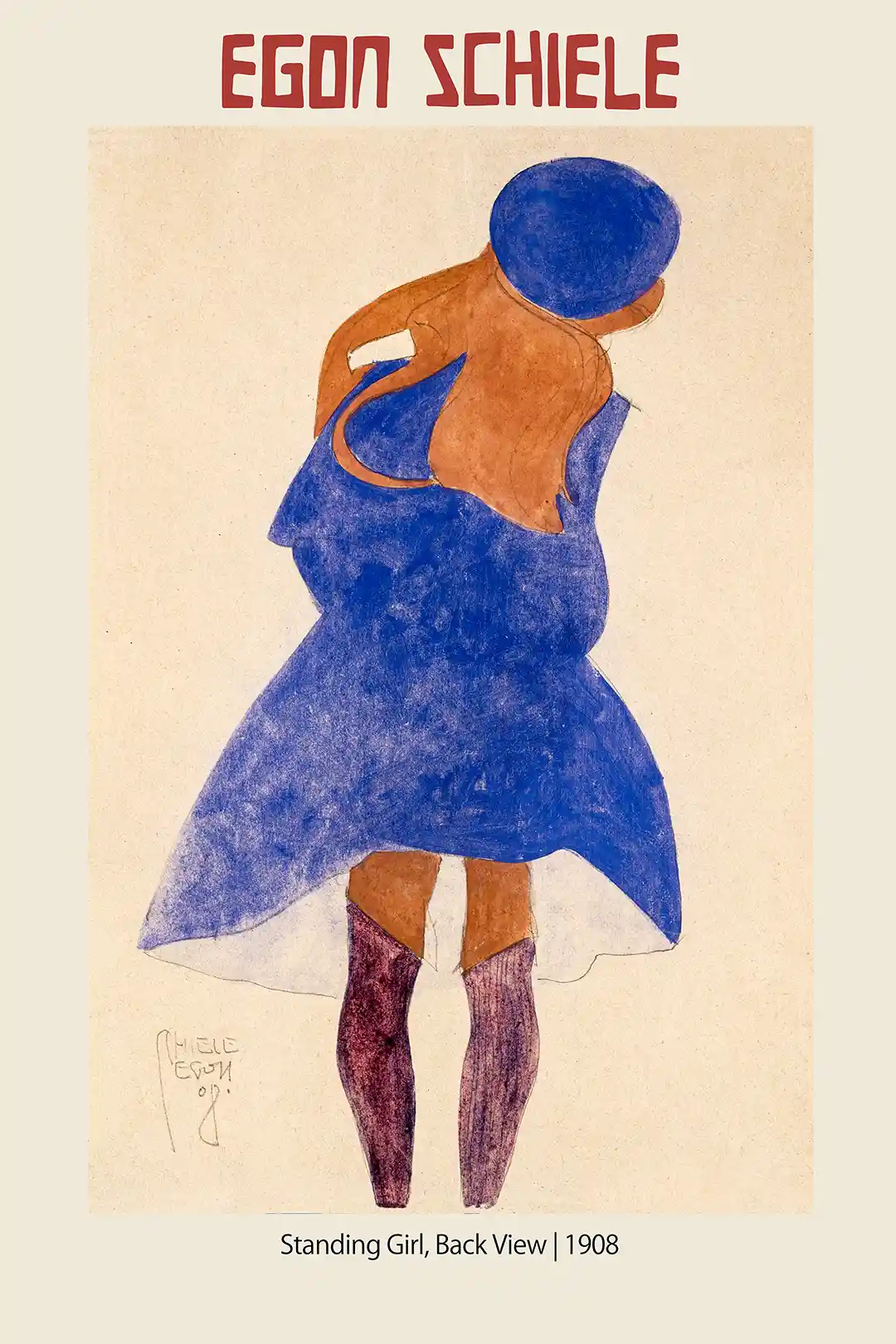 Egon Schiele "Standing Girl, Back View" Poster (1908) - Austrian Expressionism Art Print