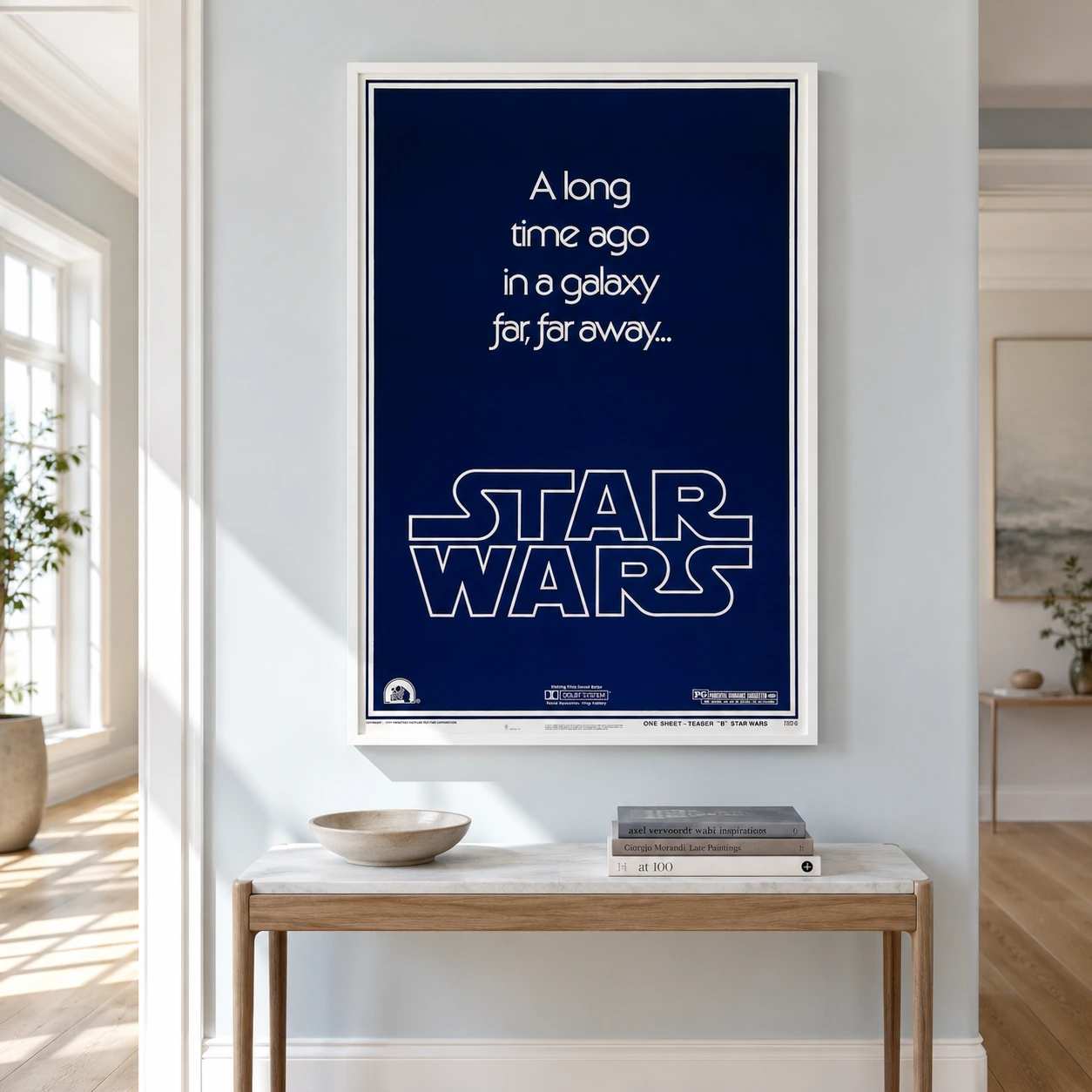 Room mockup of Star Wars 1977 A New Hope Teaser B Sci-Fi Movie Poster, displayed as framed wall art in a home theater setting as a portrait print with blue tones.
