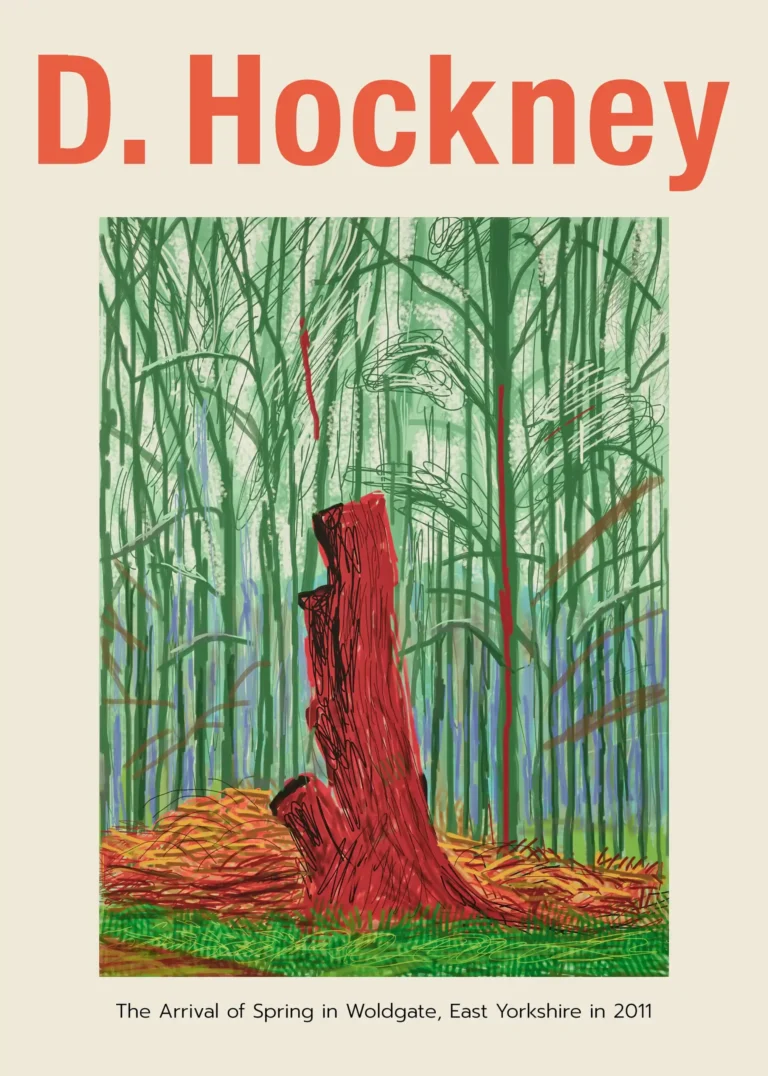 David Hockney Arrival Spring — vibrant red tree stump stands before a lush green forest in this David