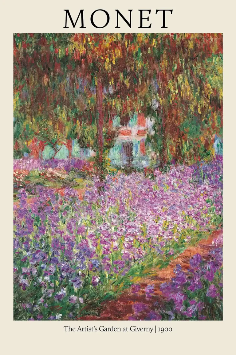 Monet Artist's Garden Giverny — lush Impressionist scene of purple irises and dapple light under willow