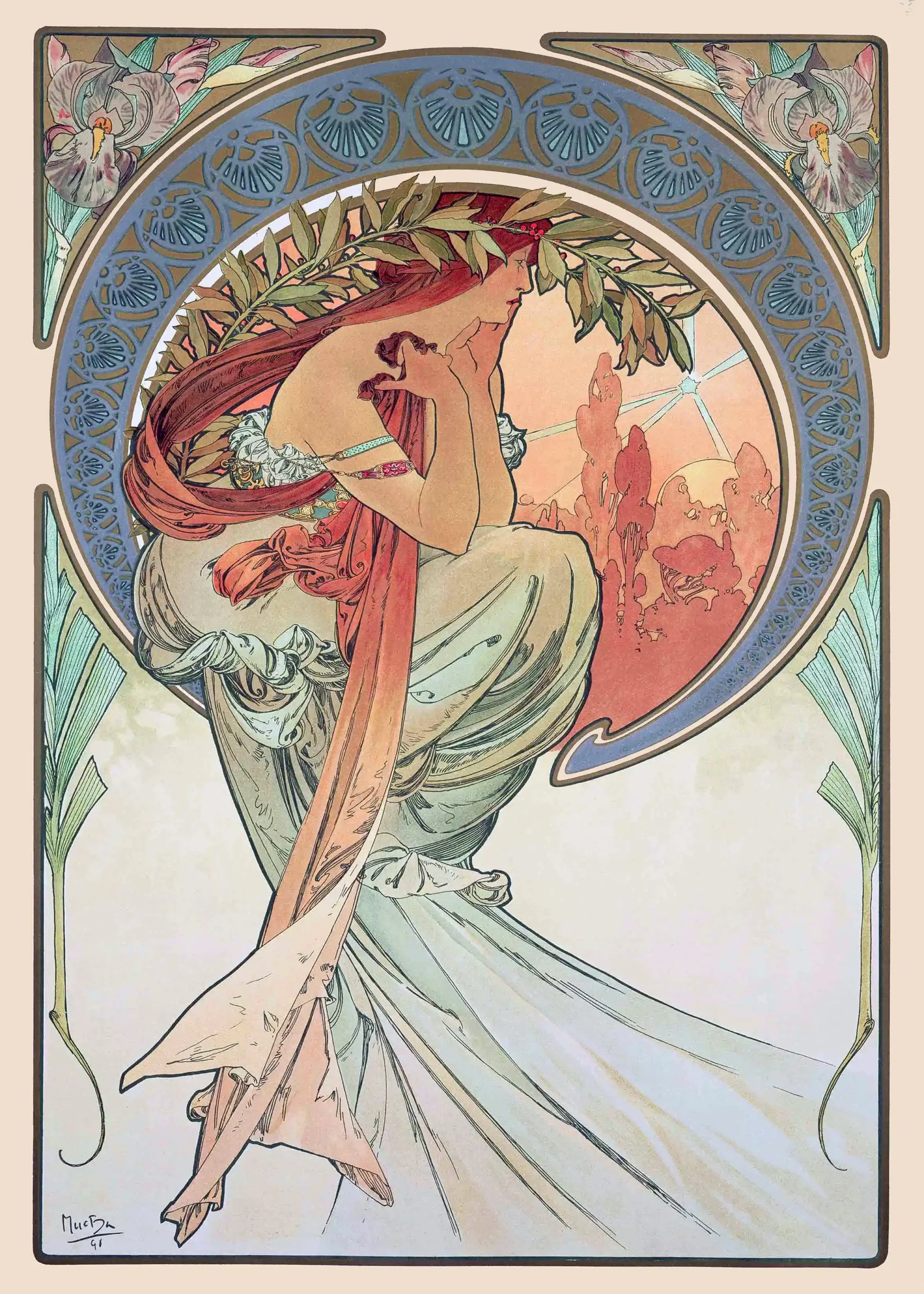 Alphonse Mucha Music Poster (1898) - Art Nouveau Muse with Laurel Wreath