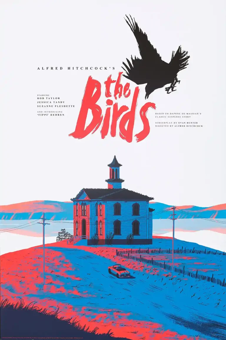 The Birds (1963) Movie Poster - Striking Red & Blue Hitchcock Movie Print