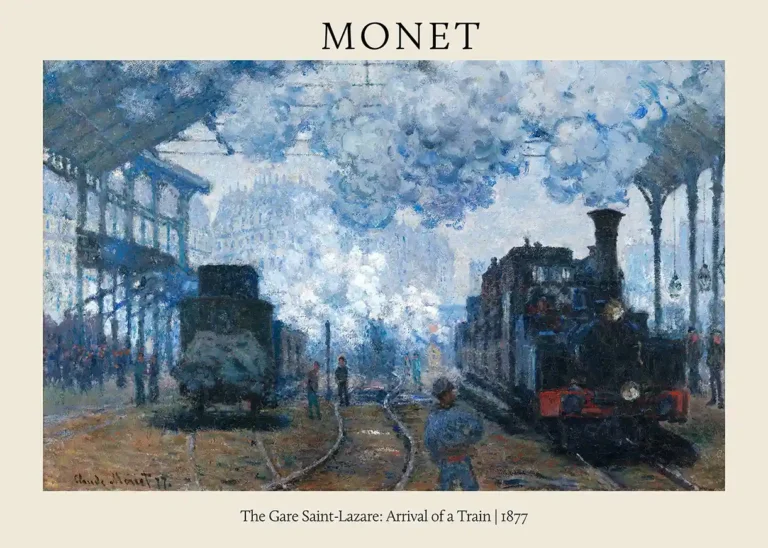 Gare Saint Lazare Arrival — impressionist masterpiece by Claude Monet featuring a steam locomotive