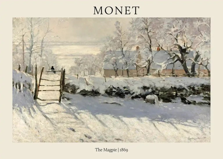Claude Monet Magpie 1869 — solitary black magpie perches on a wooden gate within a sunlit
