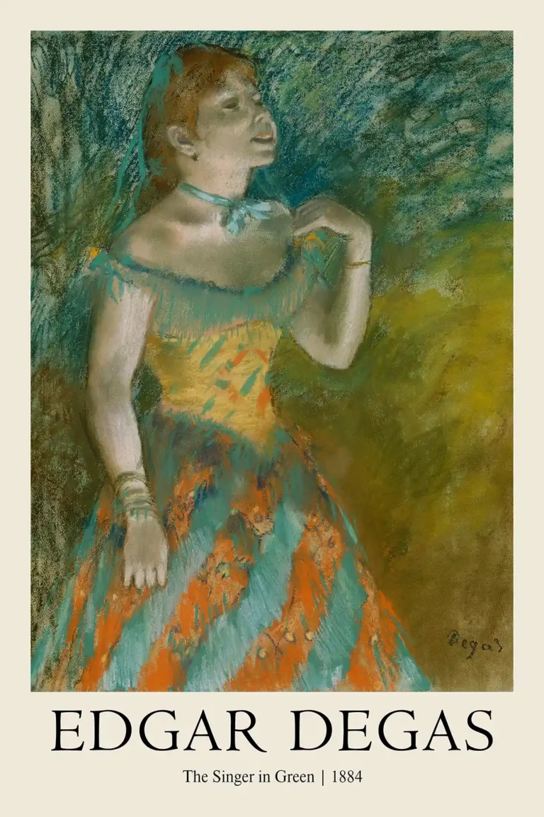 Edgar Degas Singer Green — vibrant pastel portrait by Edgar Degas featuring a young female
