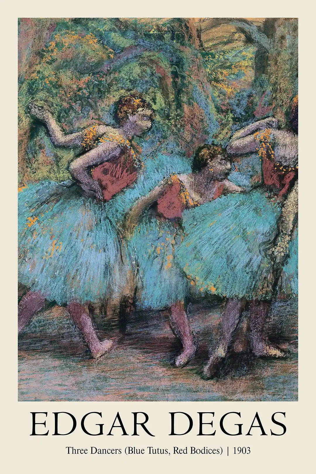 Edgar Degas: Three Dancers (Blue Tutus, Red Bodices) | Impressionist Ballet Poster