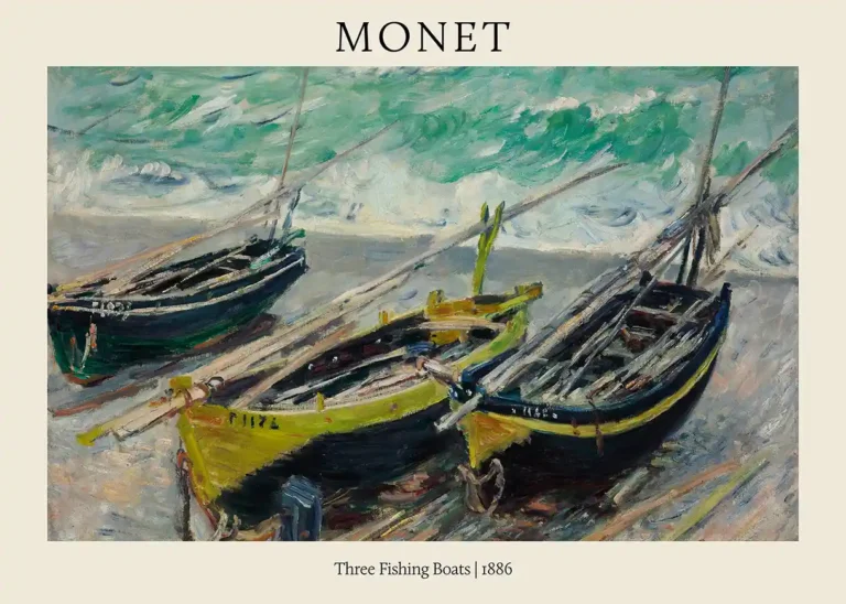 Monet Three Fishing Boats — impressionist study of three wooden fishing boats resting on a beach