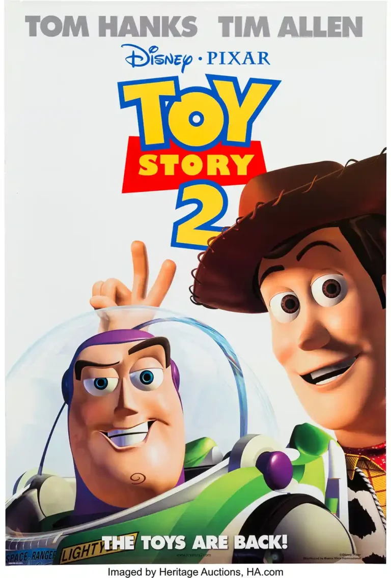 Toy Story 2 — vibrant 1999 Toy Story 2 movie poster featuring Woody and Buzz