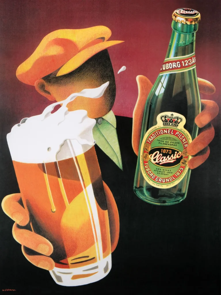 Tuborg 1873 Beer Advertisement Advertising — stylized vintage illustration of a figure in a cap holding a frothy