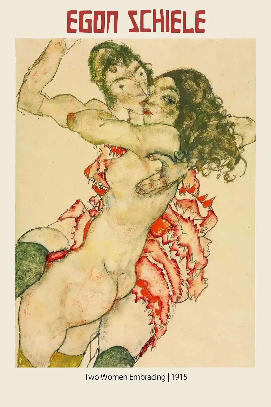 Egon Schiele - Two Women Embracing (1915) Expressionist Art Print