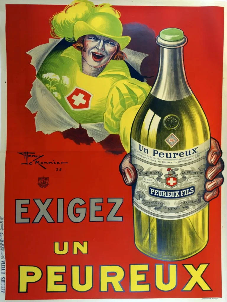 Henry Monnier Un Peureux Advertising — vibrant French Art Deco advertising poster for Un Peureux Anise Liqueur