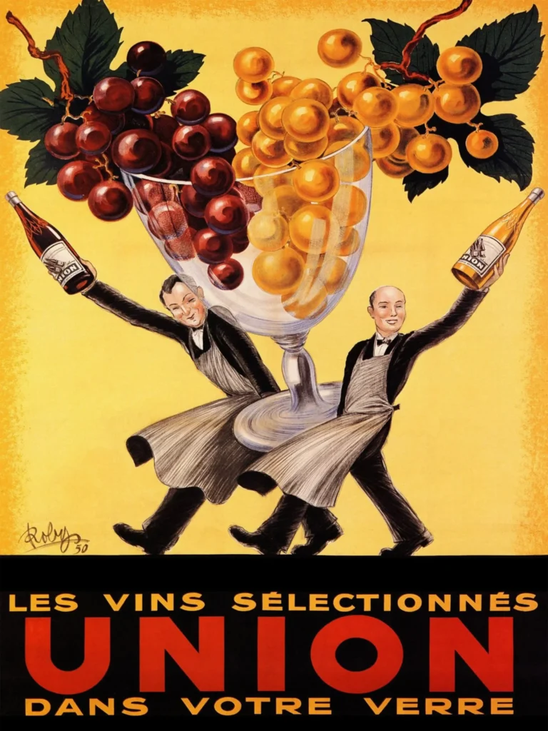 Vins Selectionnes Union — two uniformed waiters balance a massive glass overflowing with lush
