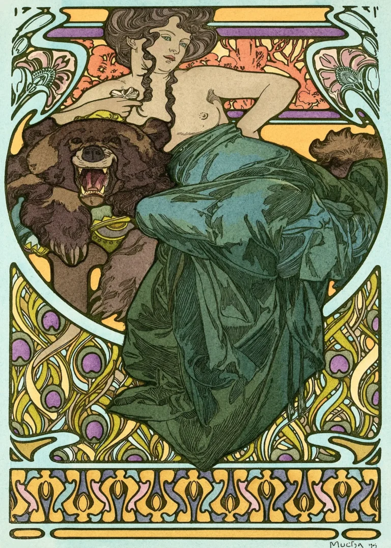 Alphonse Mucha Woman Bear — classic 1902 Alphonse Mucha illustration of a woman in green drapery