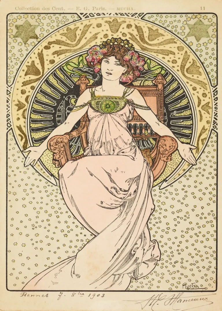 Alphonse Mucha Woman Pink — ethereal 1903 Art Nouveau illustration by Alphonse Mucha featuring a